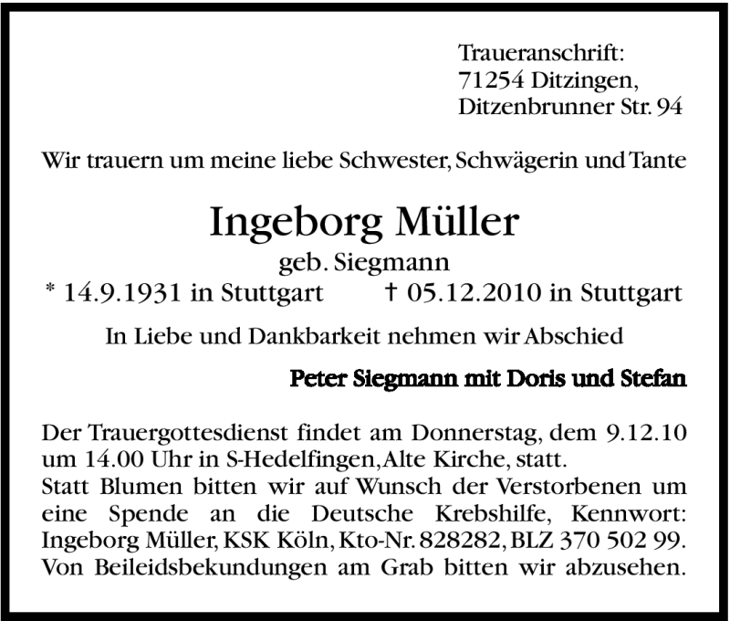  Traueranzeige für Ingeborg Müller vom 07.12.2010 aus Leonberger Kreiszeitung / Strohgäu Extra