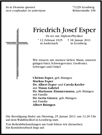 Traueranzeige von Friedrich Josef Esper von Leonberger Kreiszeitung / Strohgäu Extra