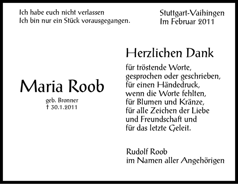  Traueranzeige für Maria Roob vom 14.02.2011 aus Stuttgarter Zeitung / Stuttgarter Nachrichten