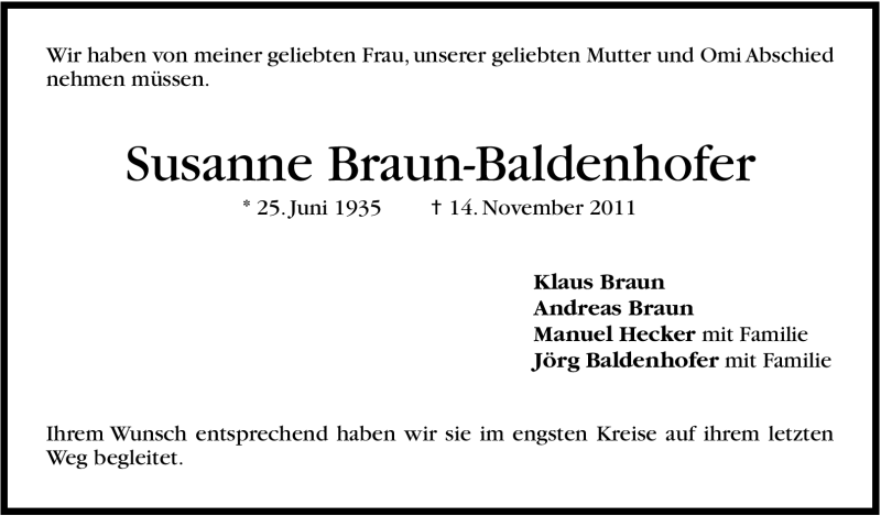  Traueranzeige für Susanne Braun-Baldenhofer vom 22.11.2011 aus Stuttgarter Zeitung / Stuttgarter Nachrichten