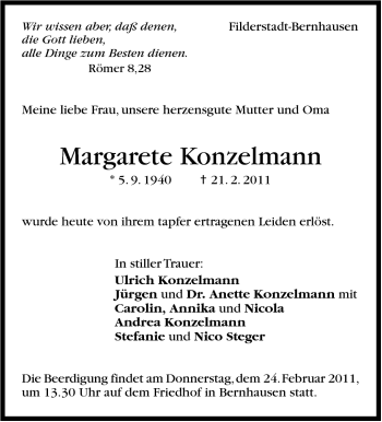 Traueranzeige von Margarete Konzelmann von Stuttgarter Zeitung / Stuttgarter Nachrichten