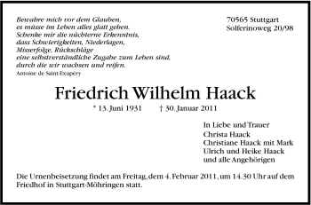 Traueranzeige von Friedrich Wilhelm Haack von Stuttgarter Zeitung / Stuttgarter Nachrichten