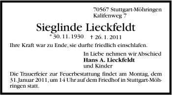 Traueranzeige von Sieglinde Lieckfeldt von Stuttgarter Zeitung / Stuttgarter Nachrichten