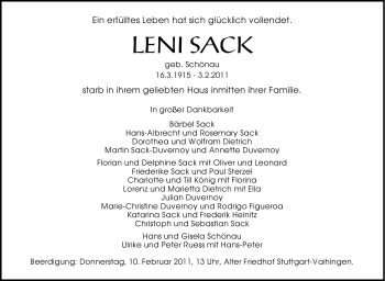 Traueranzeige von Leni  Sack von Stuttgarter Zeitung / Stuttgarter Nachrichten
