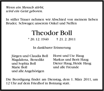 Traueranzeige von Theodor Boll von Stuttgarter Zeitung / Stuttgarter Nachrichten