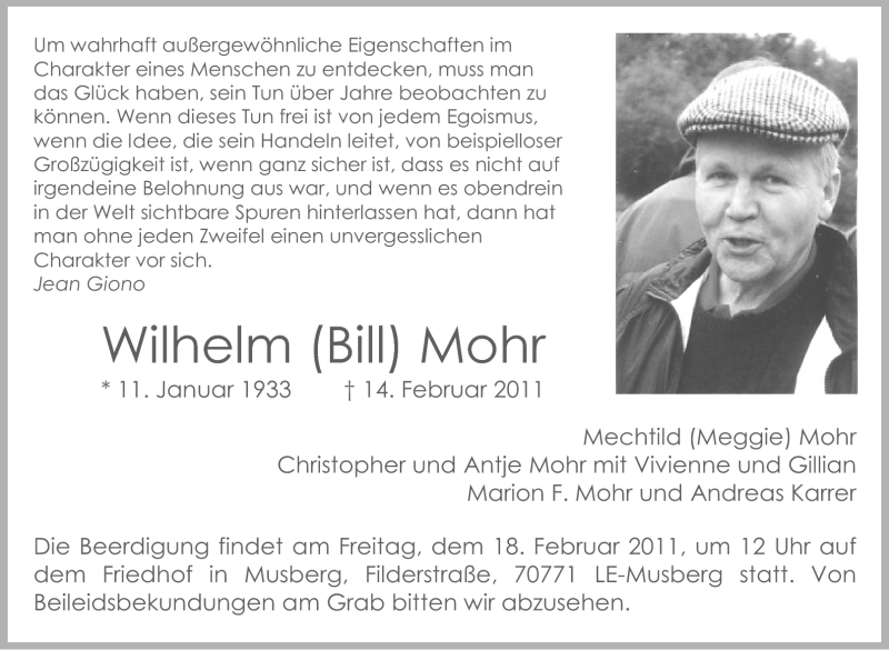  Traueranzeige für Wilhelm Mohr vom 16.02.2011 aus Stuttgarter Zeitung / Stuttgarter Nachrichten