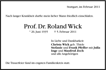 Traueranzeige von Roland Wick von Stuttgarter Zeitung / Stuttgarter Nachrichten