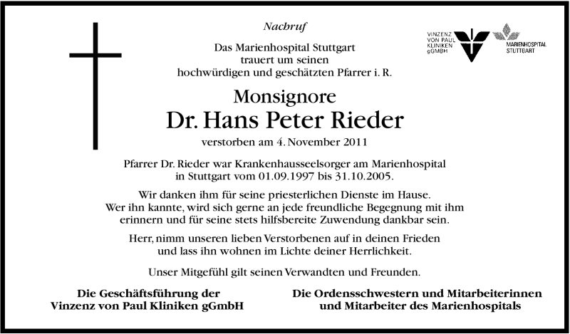  Traueranzeige für Hans Peter Rieder vom 10.11.2011 aus Leonberger Kreiszeitung / Strohgäu Extra