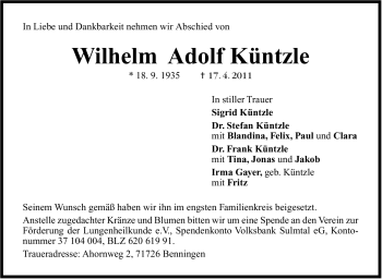 Traueranzeige von Wilhelm Adolf Küntzle von Marbacher Zeitung