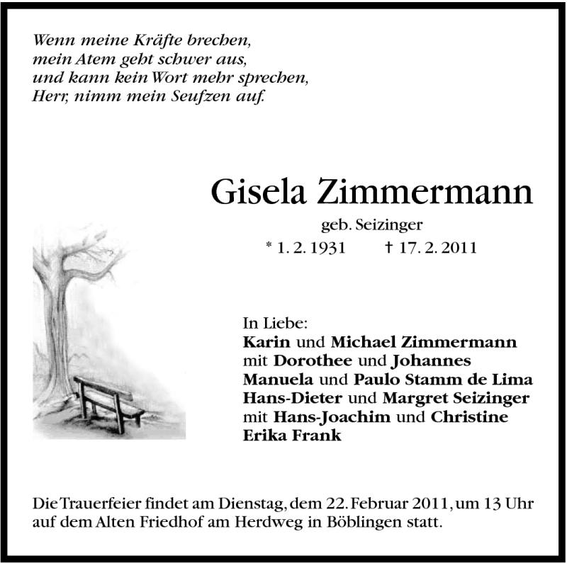  Traueranzeige für Gisela Zimmermann vom 19.02.2011 aus Stuttgarter Zeitung / Stuttgarter Nachrichten