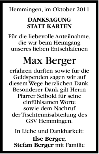 Traueranzeige von Max Berger von Leonberger Kreiszeitung / Strohgäu Extra