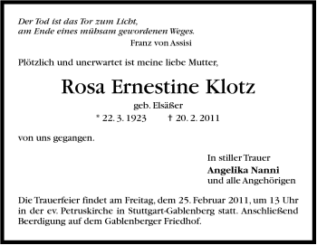 Traueranzeige von Rosa Ernestine Klotz von Stuttgarter Zeitung / Stuttgarter Nachrichten