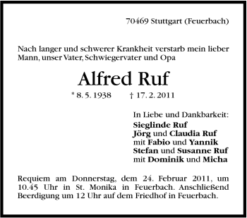 Traueranzeige von Alfred Ruf von Stuttgarter Zeitung / Stuttgarter Nachrichten