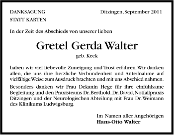 Traueranzeige von Gretel Gerda Walter von Leonberger Kreiszeitung / Strohgäu Extra