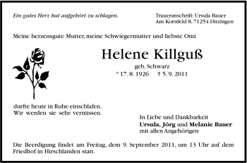 Traueranzeige von Helene Killguß von Leonberger Kreiszeitung / Strohgäu Extra