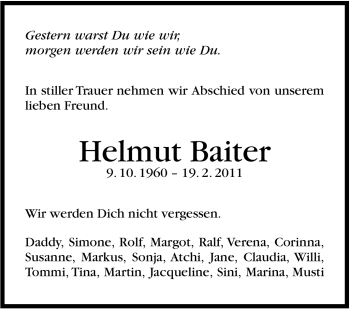 Traueranzeige von Helmut Baiter von Stuttgarter Zeitung / Stuttgarter Nachrichten