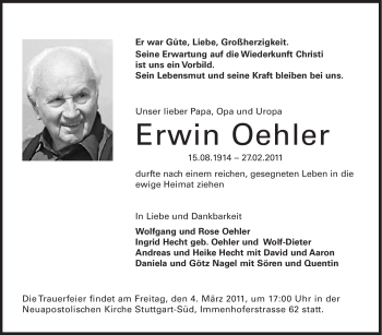 Traueranzeige von Erwin Oehler von Stuttgarter Zeitung / Stuttgarter Nachrichten