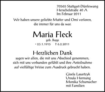 Traueranzeige von Maria Fleck von Stuttgarter Zeitung / Stuttgarter Nachrichten