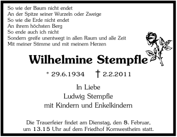Traueranzeige von Wilhelmine Stempfle von Stuttgarter Zeitung / Stuttgarter Nachrichten