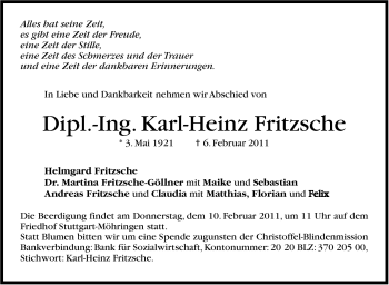 Traueranzeige von Karl-Heinz Fritzsche von Stuttgarter Zeitung / Stuttgarter Nachrichten