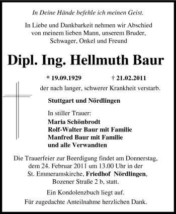 Traueranzeige von Hellmuth Baur von Stuttgarter Zeitung / Stuttgarter Nachrichten