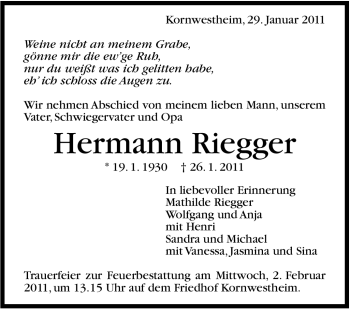 Traueranzeige von Hermann Riegger von Stuttgarter Zeitung / Stuttgarter Nachrichten