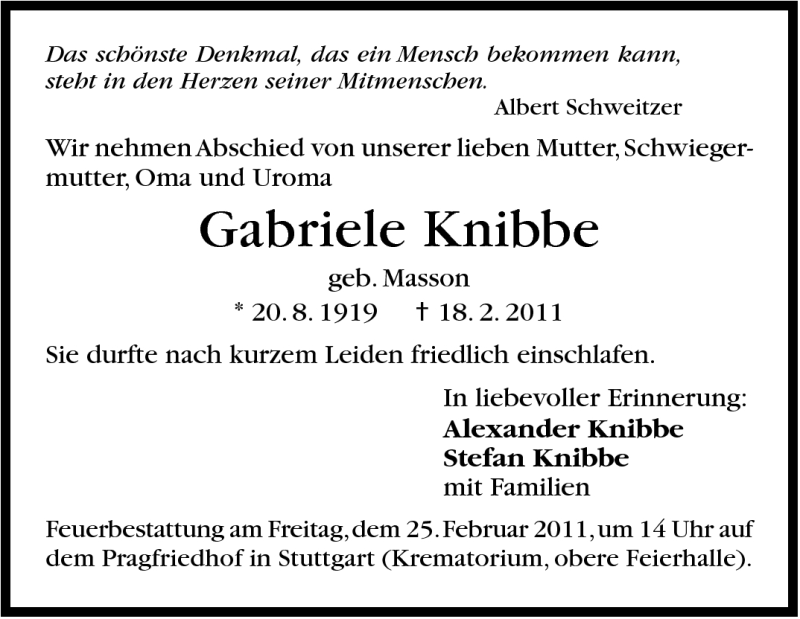  Traueranzeige für Gabriele Knibbe vom 21.02.2011 aus Stuttgarter Zeitung / Stuttgarter Nachrichten