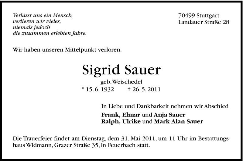  Traueranzeige für Sigrid Sauer vom 27.05.2011 aus Stuttgarter Zeitung / Stuttgarter Nachrichten