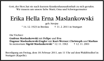 Traueranzeige von Erika Hella Erna Maslankowski von Stuttgarter Zeitung / Stuttgarter Nachrichten