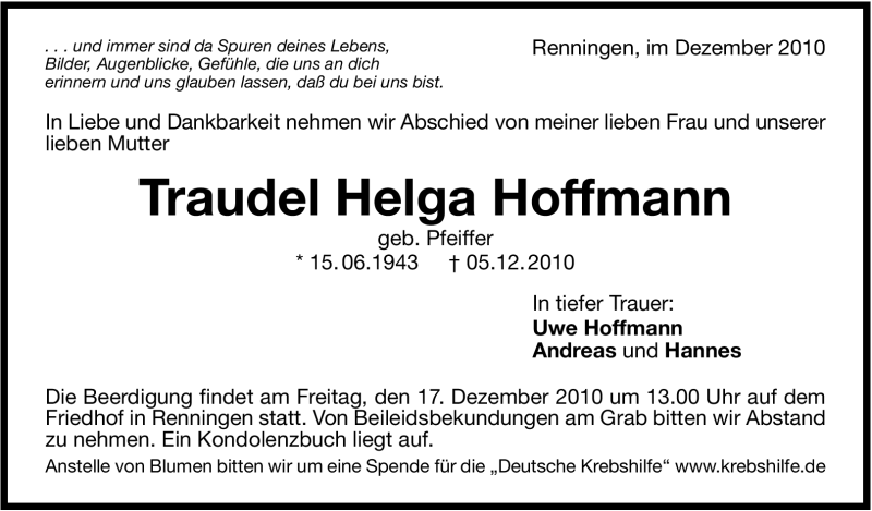  Traueranzeige für Traudel Helga Hoffmann vom 14.12.2010 aus Leonberger Kreiszeitung / Strohgäu Extra