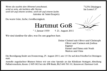 Traueranzeige von Hartmut Goß von Leonberger Kreiszeitung / Strohgäu Extra