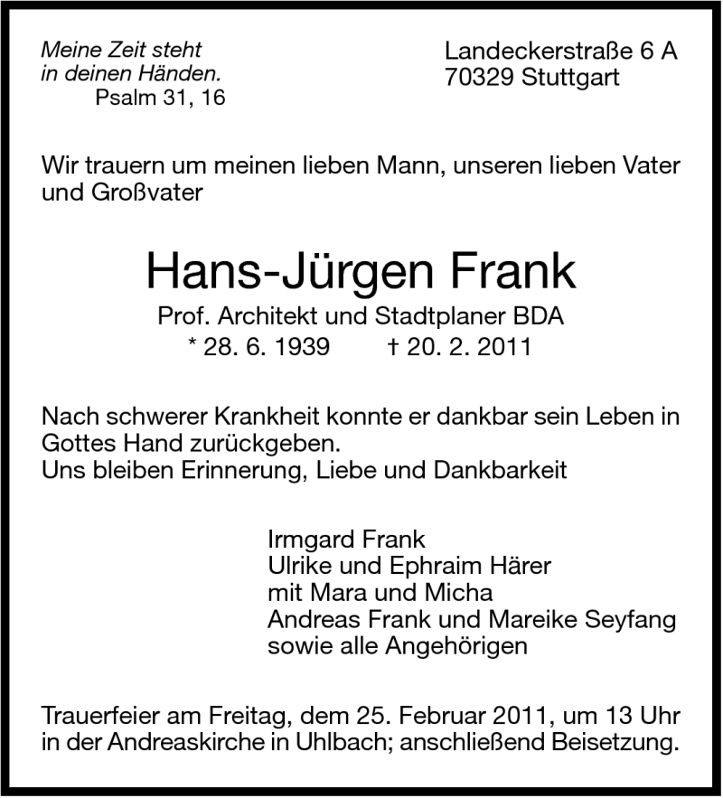  Traueranzeige für Hans-Jürgen Frank vom 22.02.2011 aus Stuttgarter Zeitung / Stuttgarter Nachrichten