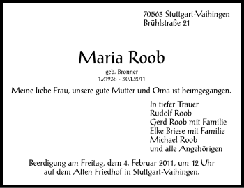 Traueranzeige von Maria Roob von Stuttgarter Zeitung / Stuttgarter Nachrichten