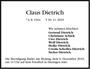 Traueranzeige von Claus Dietrich von Leonberger Kreiszeitung / Strohgäu Extra