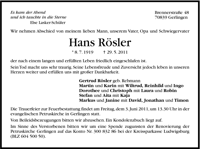  Traueranzeige für Hans Rösler vom 01.06.2011 aus Leonberger Kreiszeitung / Strohgäu Extra