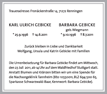 Traueranzeige von Karl Ulrich Gebicke von Leonberger Kreiszeitung / Strohgäu Extra
