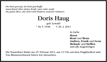 Traueranzeige von Doris Haug von Stuttgarter Zeitung / Stuttgarter Nachrichten
