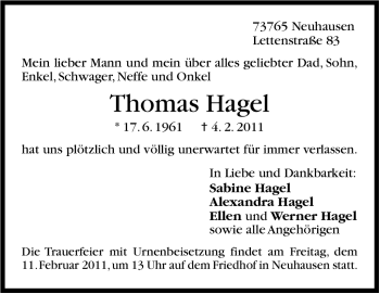Traueranzeige von Thomas Hagel von Stuttgarter Zeitung / Stuttgarter Nachrichten