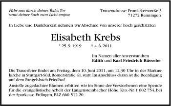 Traueranzeige von Elisabeth Krebs von Leonberger Kreiszeitung / Strohgäu Extra