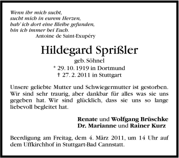 Traueranzeige von Hildegard Sprißler von Stuttgarter Zeitung / Stuttgarter Nachrichten