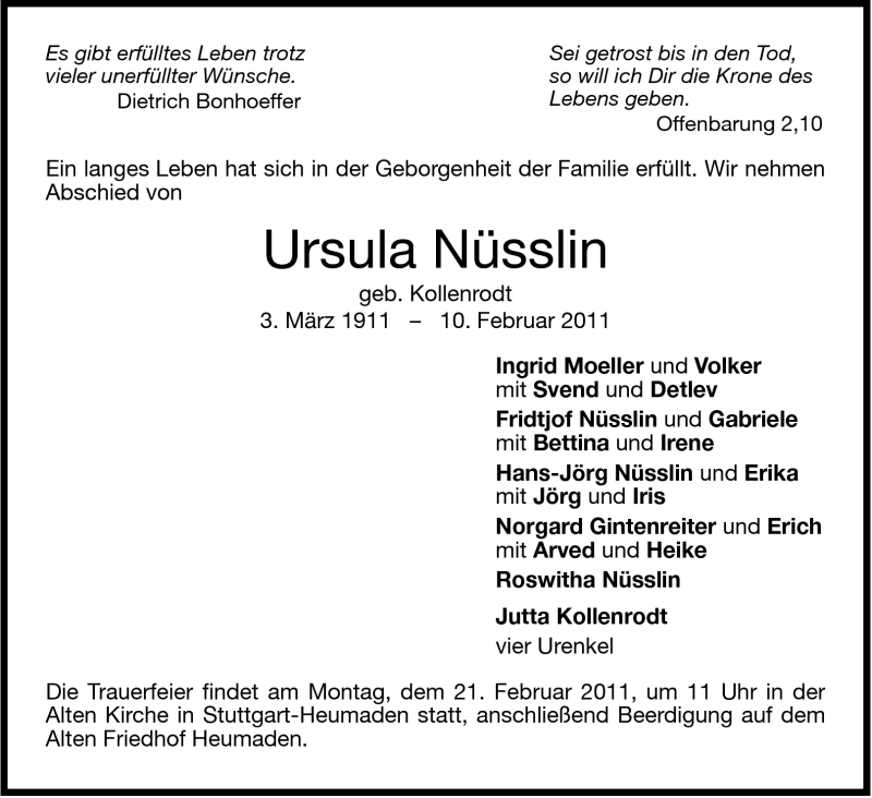  Traueranzeige für Ursula Nüsslin vom 16.02.2011 aus Stuttgarter Zeitung / Stuttgarter Nachrichten