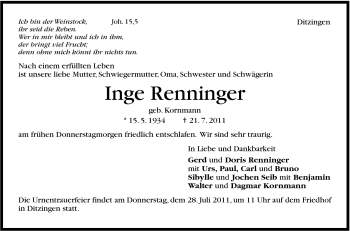 Traueranzeige von Inge Renninger von Leonberger Kreiszeitung / Strohgäu Extra