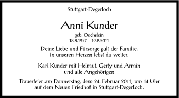Traueranzeige von Anni Kunder von Stuttgarter Zeitung / Stuttgarter Nachrichten