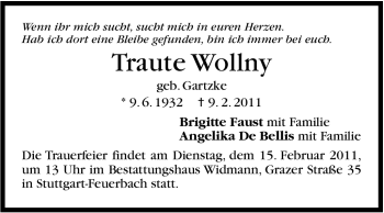 Traueranzeige von Traute Wollny von Stuttgarter Zeitung / Stuttgarter Nachrichten