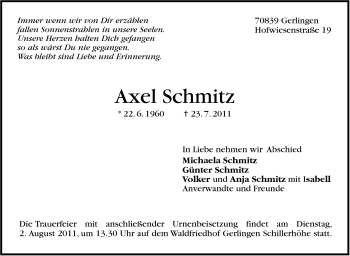 Traueranzeige von Axel Schmitz von Leonberger Kreiszeitung / Strohgäu Extra