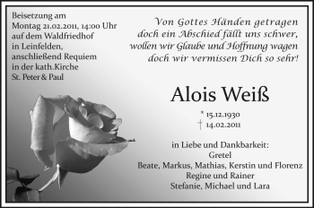 Traueranzeige von Alois Weiß von Stuttgarter Zeitung / Stuttgarter Nachrichten