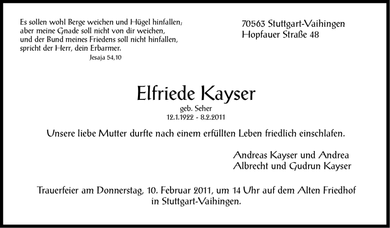  Traueranzeige für Elfriede Kayser vom 09.02.2011 aus Stuttgarter Zeitung / Stuttgarter Nachrichten