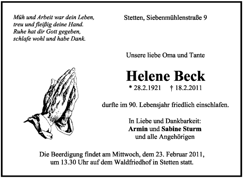 Traueranzeige für Helene Beck vom 21.02.2011 aus Stuttgarter Zeitung / Stuttgarter Nachrichten