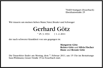 Traueranzeige von Gerhard Götz von Stuttgarter Zeitung / Stuttgarter Nachrichten