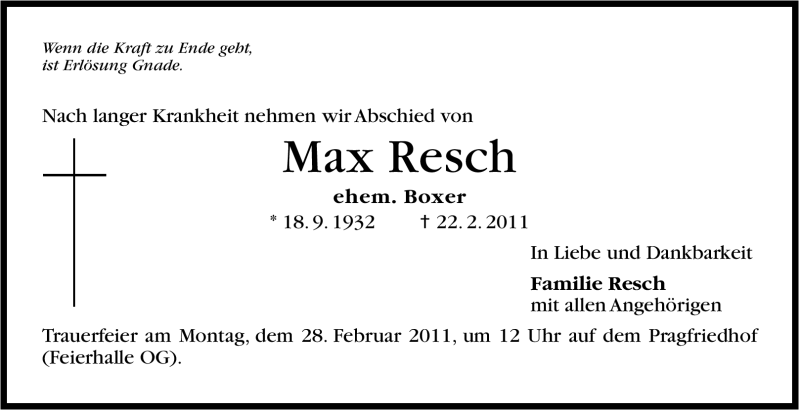  Traueranzeige für Max Resch vom 25.02.2011 aus Stuttgarter Zeitung / Stuttgarter Nachrichten